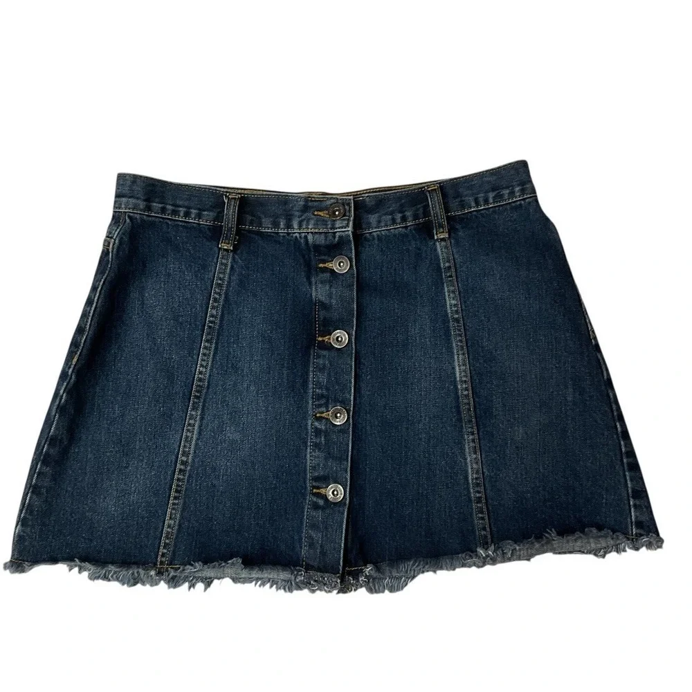 FOREVER 21 Women's A-Line Denim Mini Skirt Dark Wash Button Front Cotton Size 31